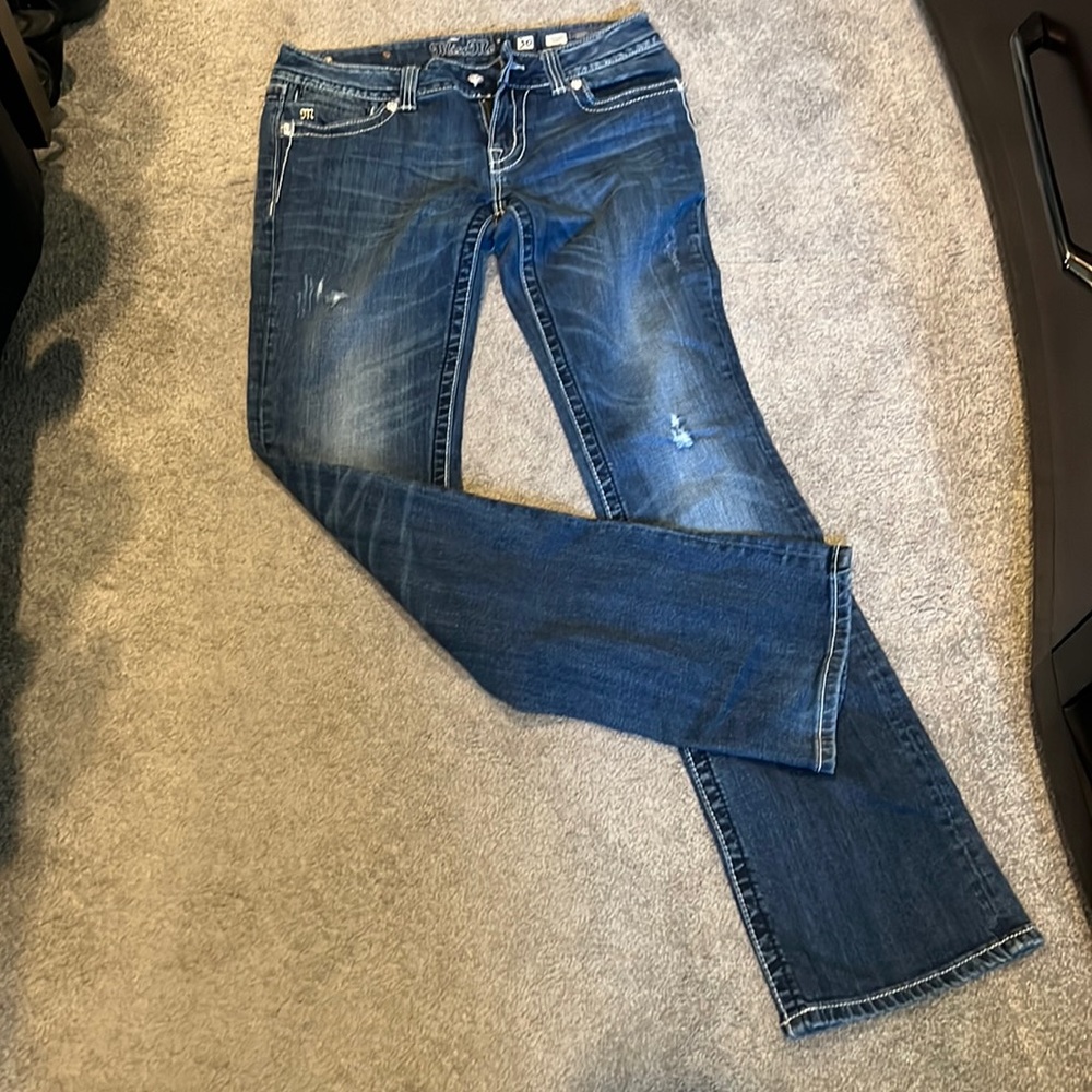 MissMe  30” waist, bootcut distressing on front.